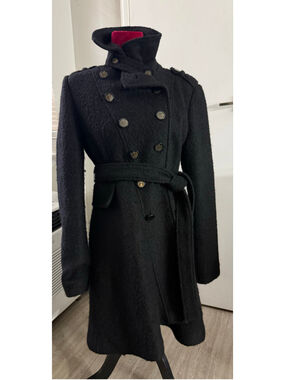 Y2K Guess Los Angeles Black Wool Blend Military Coat Belted Large
